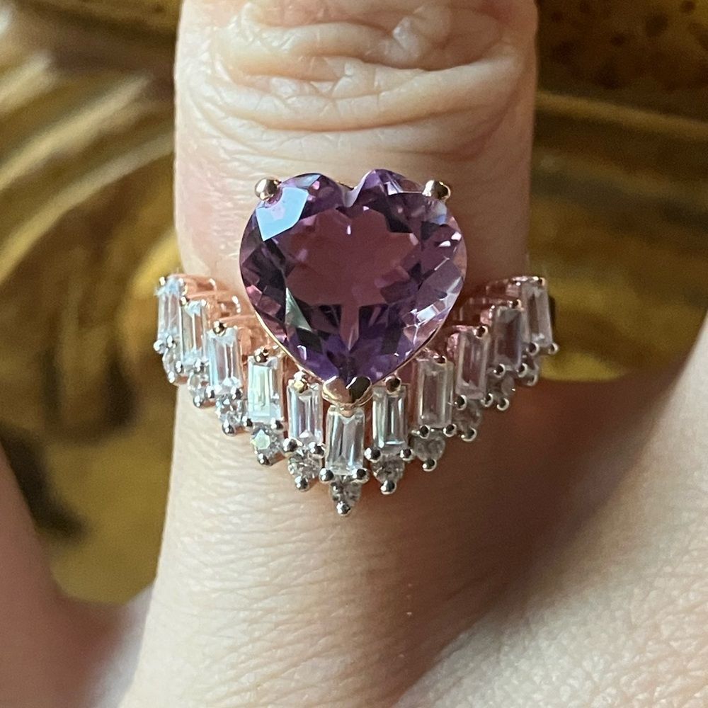 Natural Rose de France Amethyst Sterling Silver Chevron Heart Ring Size 6